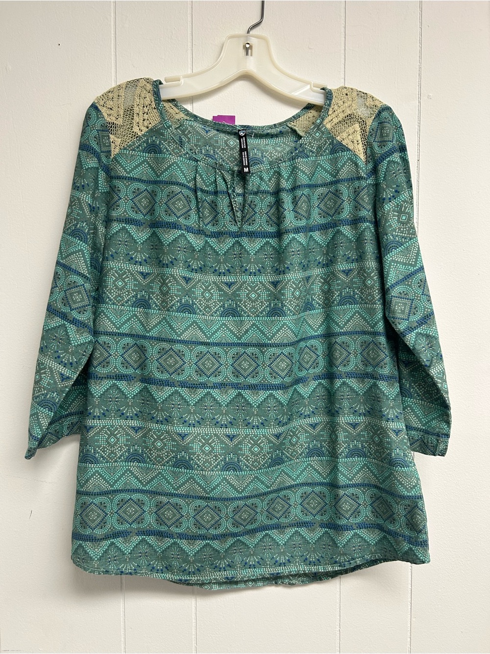 Kuhl Teal Patterned Tunic with Cream Lace Shoulders